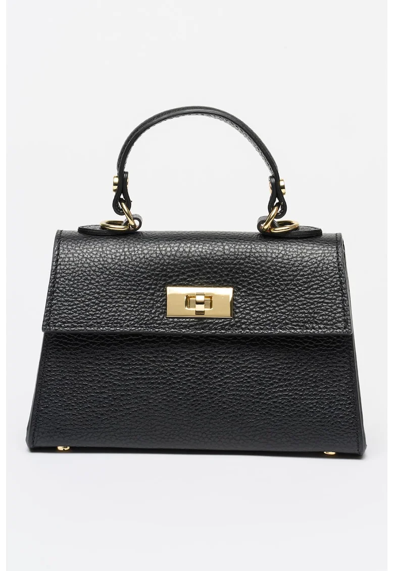 Geanta crossbody din piele cu clapa si bareta detasabila, Negru