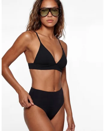 Sutien de baie cu cupe triunghiulare si model texturat, Negru