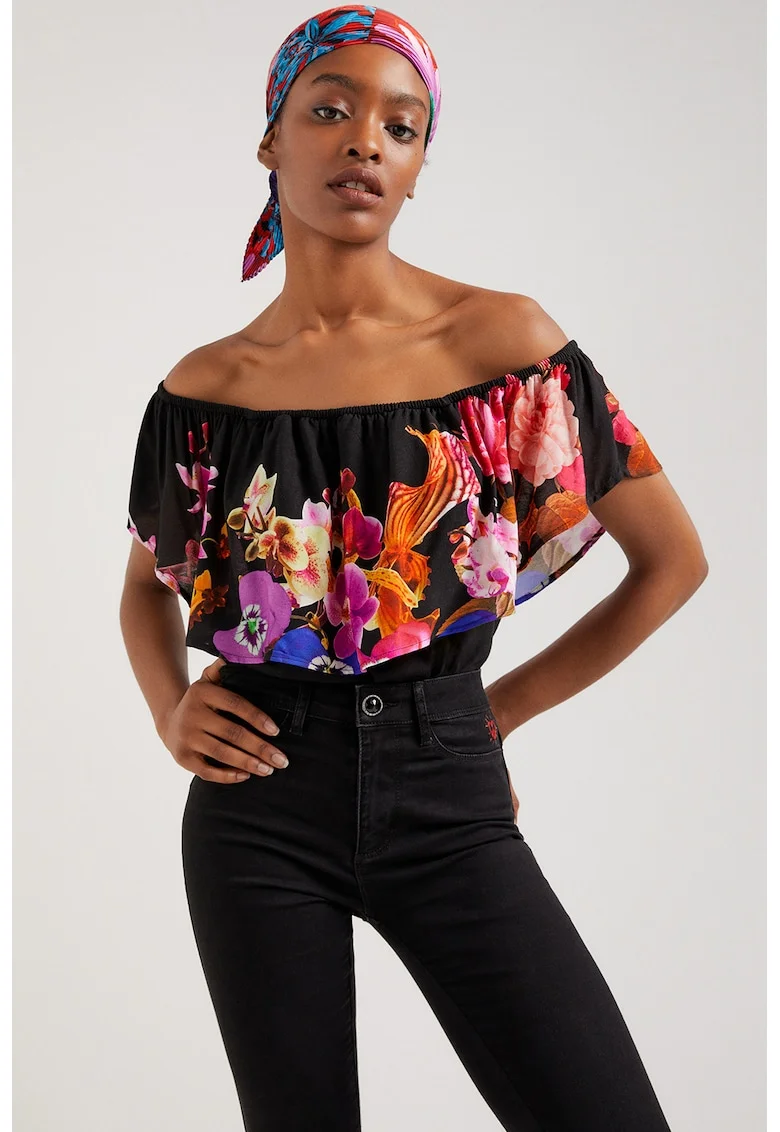 Body cu decolteu pe umeri si imprimeu floral, Negru/Portocaliu/Roz