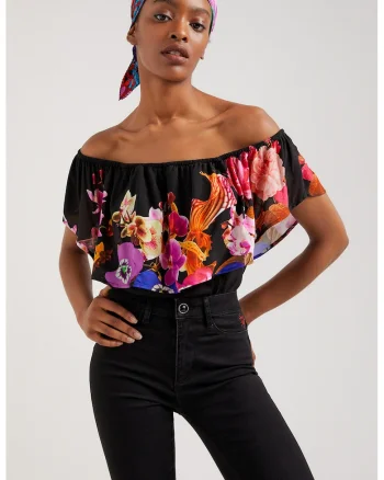 Body cu decolteu pe umeri si imprimeu floral, Negru/Portocaliu/Roz