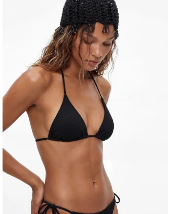 Sutien de baia cu cupe triunghiulare si model texturat, Negru