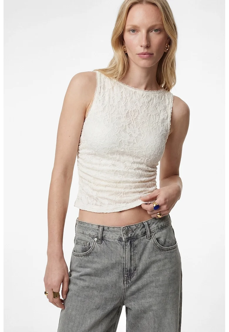 Top slip fit crop din dantela, Crem