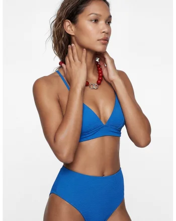 Sutien de baie cu cupe triunghiulare si model texturat, Albastru