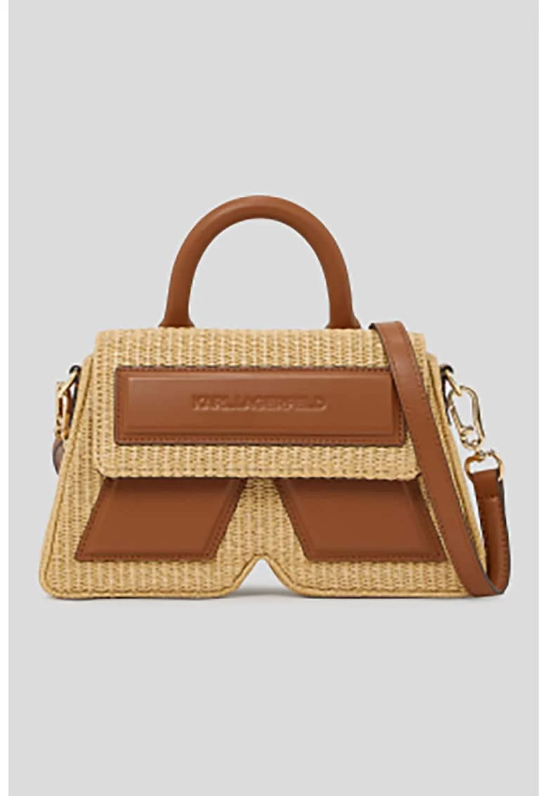 Geanta crossbody din material textil cu insertii de piele, Bej/Caramel