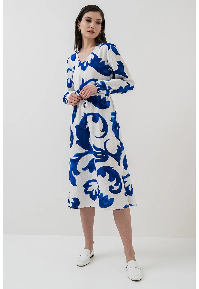 Rochie midi cu slituri laterale, Alb/Albastru inchis