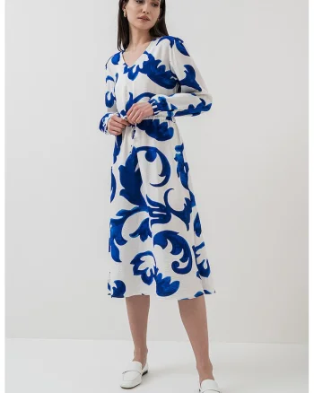 Rochie midi cu slituri laterale, Alb/Albastru inchis