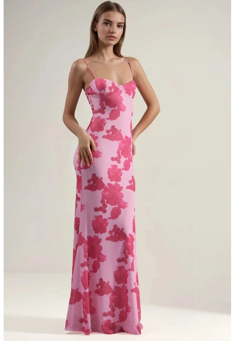 Rochie Maxi,  Bodycon, Floral, Roz Garoafa, Poliester-Elastan, XS,