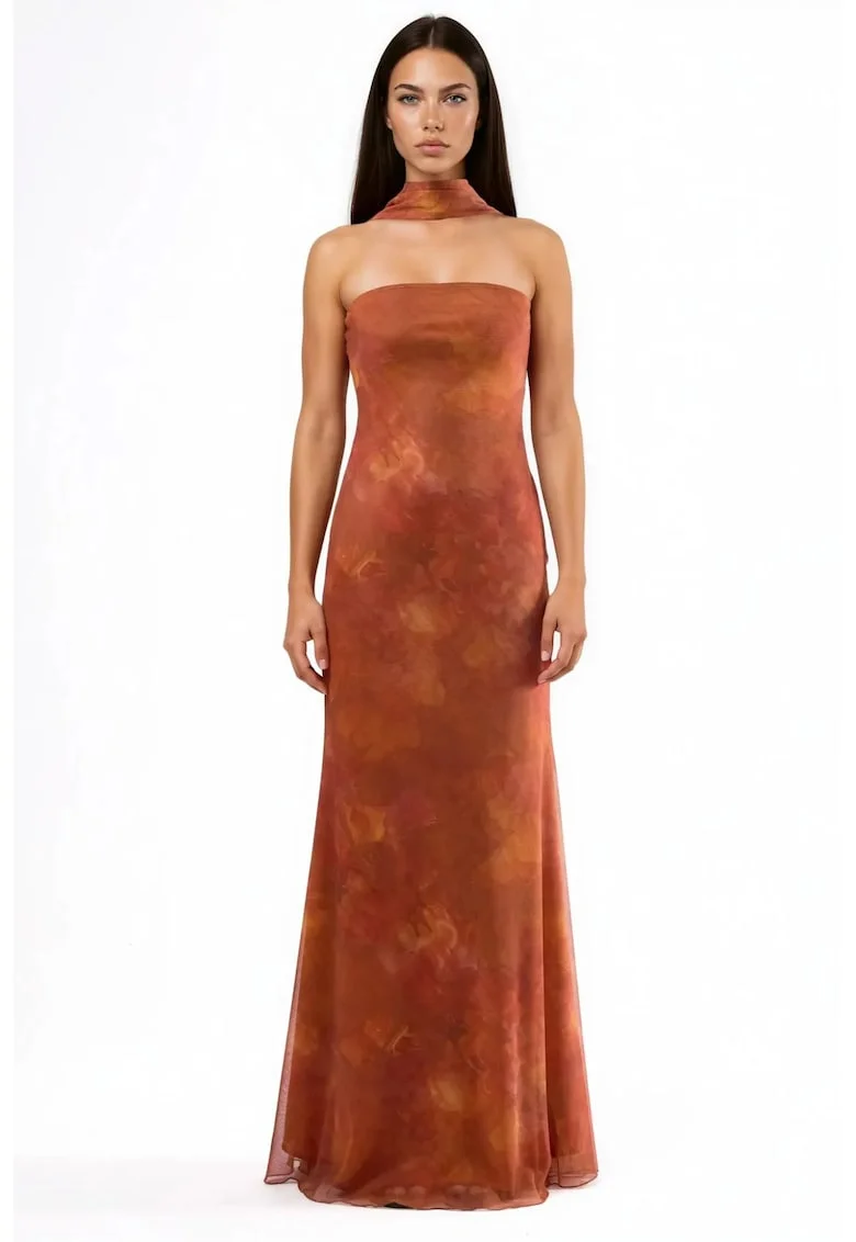 Rochie Maxi Bodycon  fara bretele, imprimeu floral, poliester, portocalie