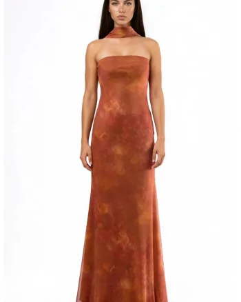 Rochie Maxi Bodycon  fara bretele, imprimeu floral, poliester, portocalie
