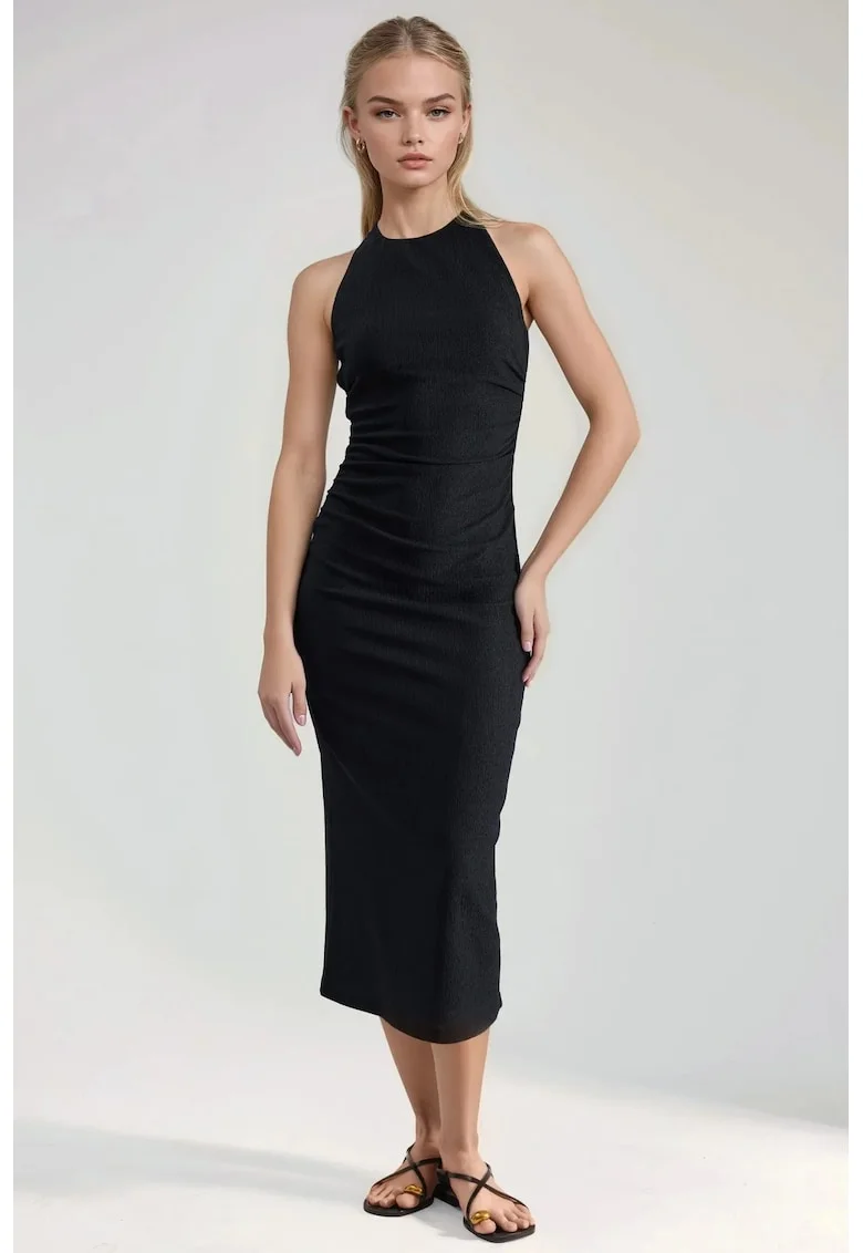 Rochie Bodycon Midi  Neagra, Eleganta, poliester/elastan