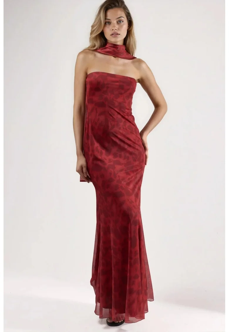 Rochie maxi bodycon  imprimeu floral, rosu, tul, fara bretele