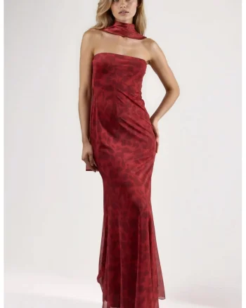 Rochie maxi bodycon  imprimeu floral, rosu, tul, fara bretele