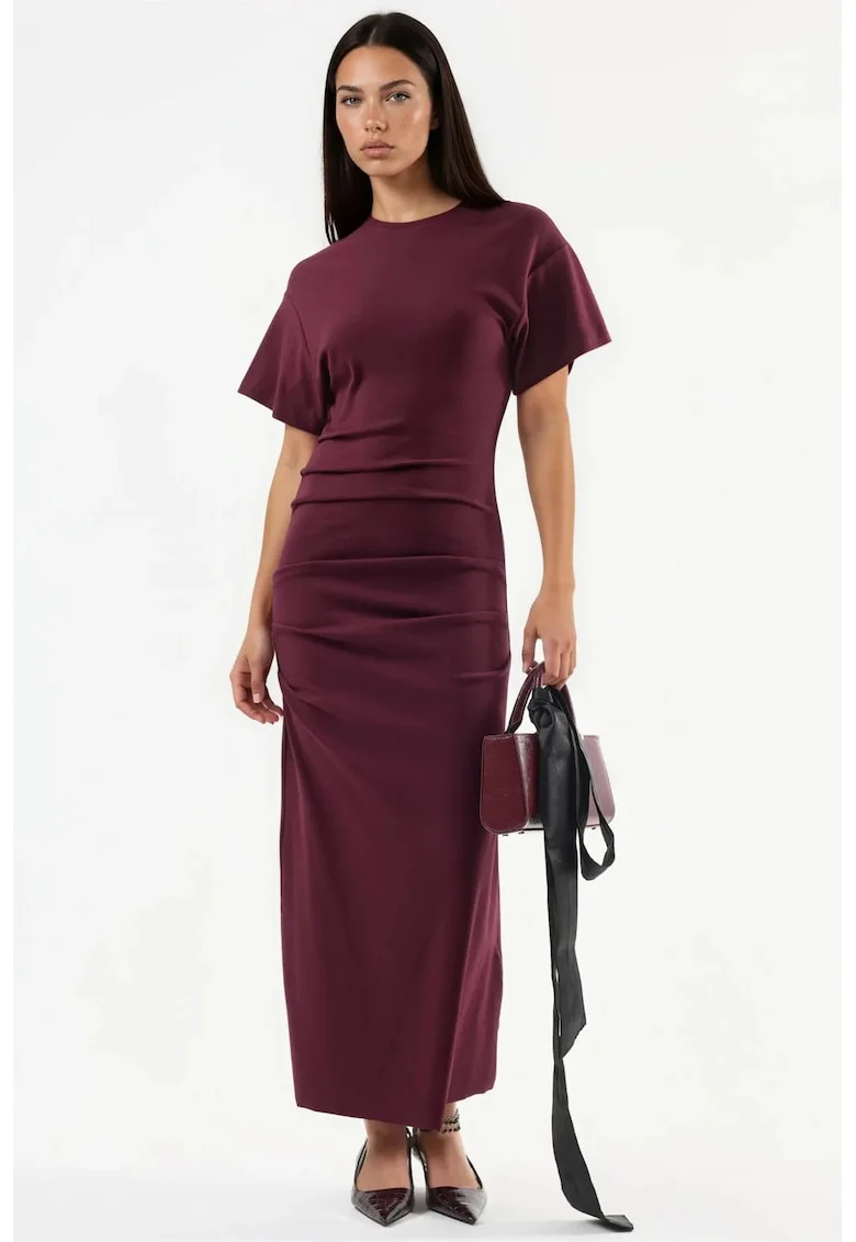 Rochie Midi  Bodycon, Guler Rotund, Modal/Bumbac/Elastan, visiniu