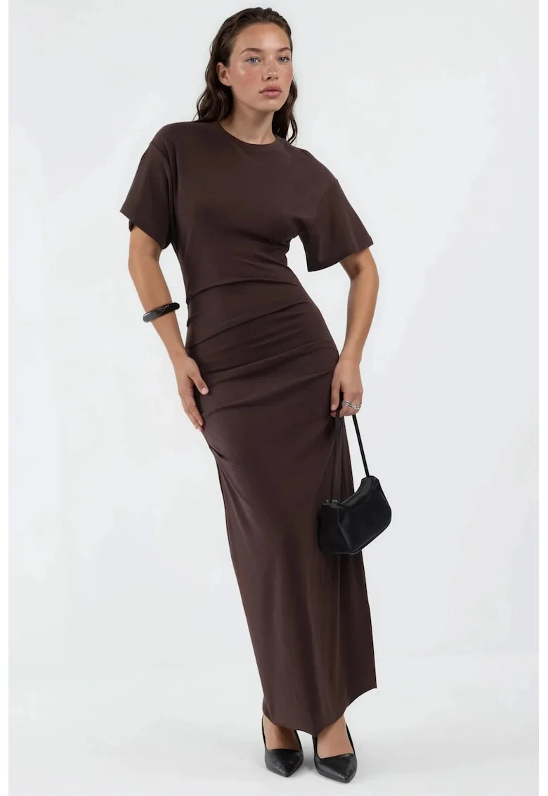 Rochie Midi  Bodycon, Cu Maneca scurta, Maro, modal/bumbac/elastan