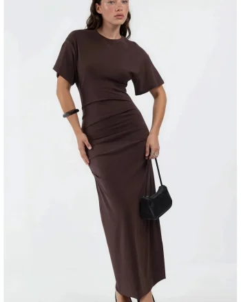 Rochie Midi  Bodycon, Cu Maneca scurta, Maro, modal/bumbac/elastan