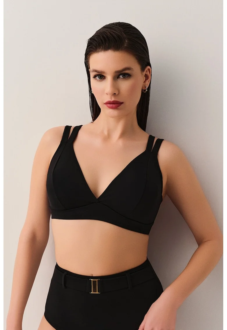 Sutien de baie cu cupe triunghiulare si model cu bretele duble, Negru