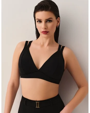Sutien de baie cu cupe triunghiulare si model cu bretele duble, Negru