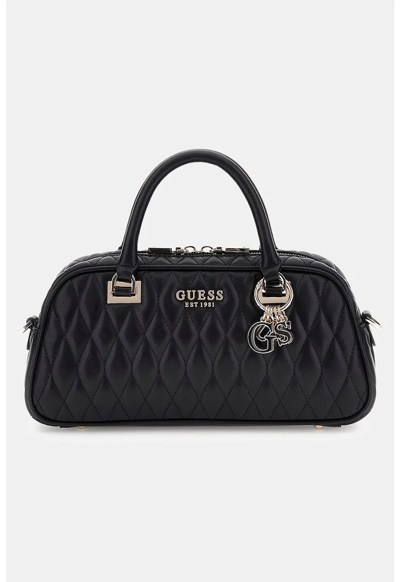Geanta crossbody matlasata cu logo metalic, Negru