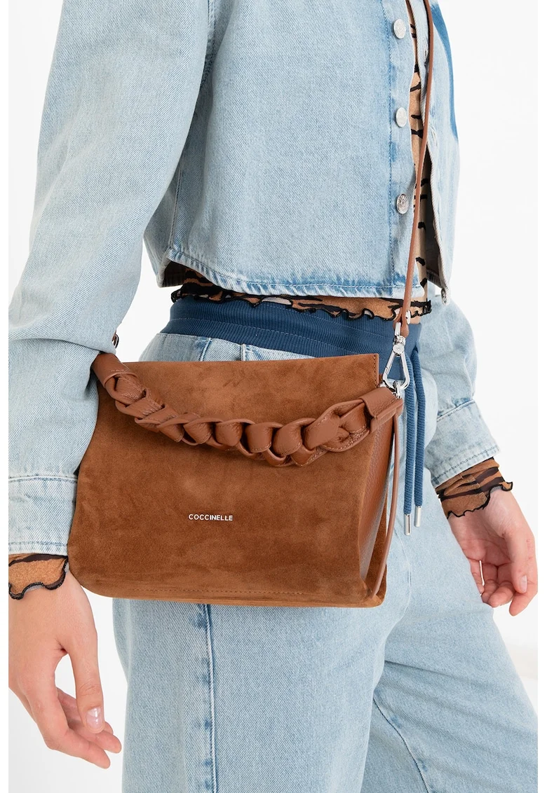 Geanta crossbody de piele intoarsa Boheme, Maro cognac