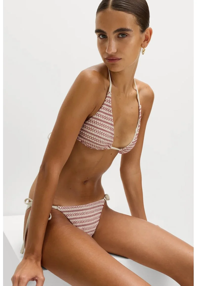 Sutien de baie cupe triunghiulare si model brodat, Roz zmeuriu/Alb murdar