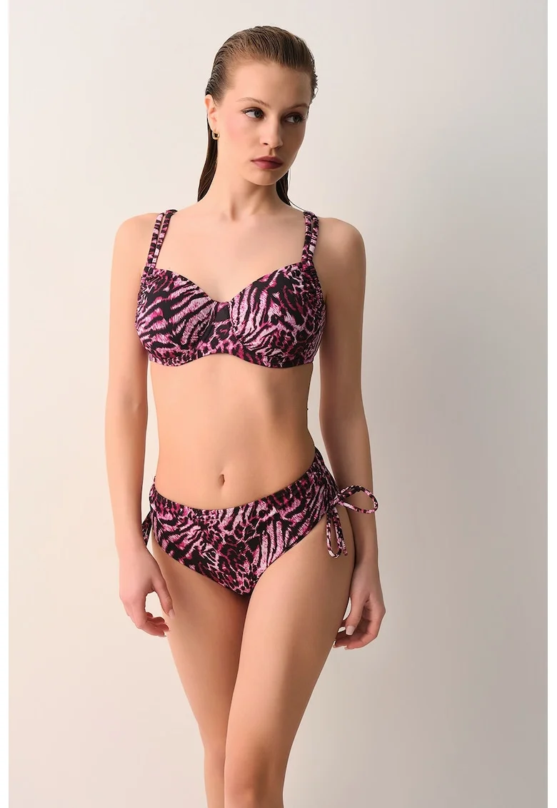 Sutien de baie cu cupe balconette si model animal print, Alb/Negru/Roz