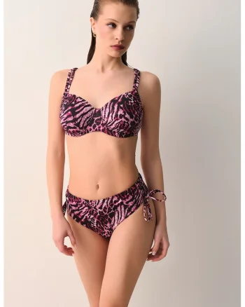 Sutien de baie cu cupe balconette si model animal print, Alb/Negru/Roz