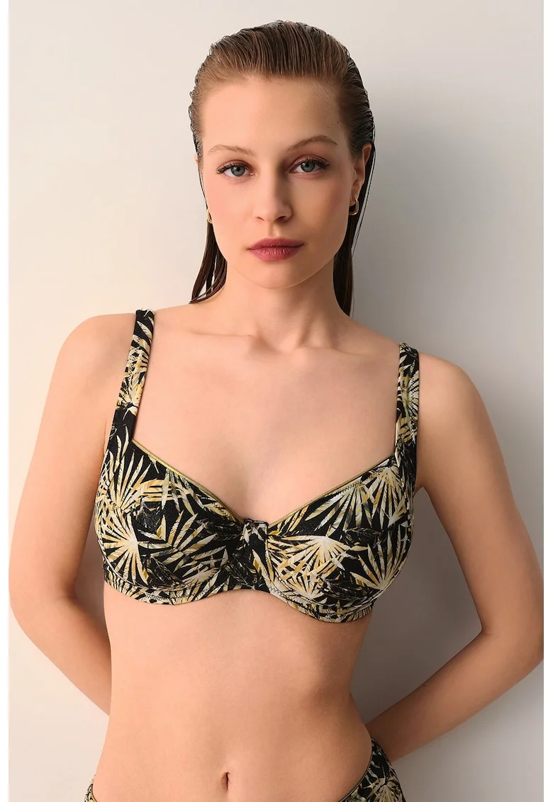 Sutien de baie cu cupe balconette si imprimeu tropical, Negru/Bej/Verde masliniu
