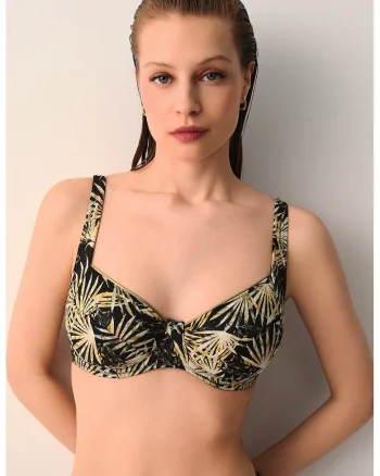 Sutien de baie cu cupe balconette si imprimeu tropical, Negru/Bej/Verde masliniu