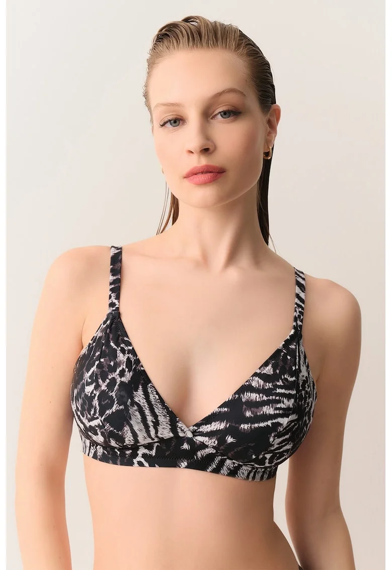 Sutien cu cupe triunghiulare si model animal print, Alb/Negru/Violet prafuit