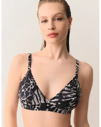 Sutien cu cupe triunghiulare si model animal print, Alb/Negru/Violet prafuit