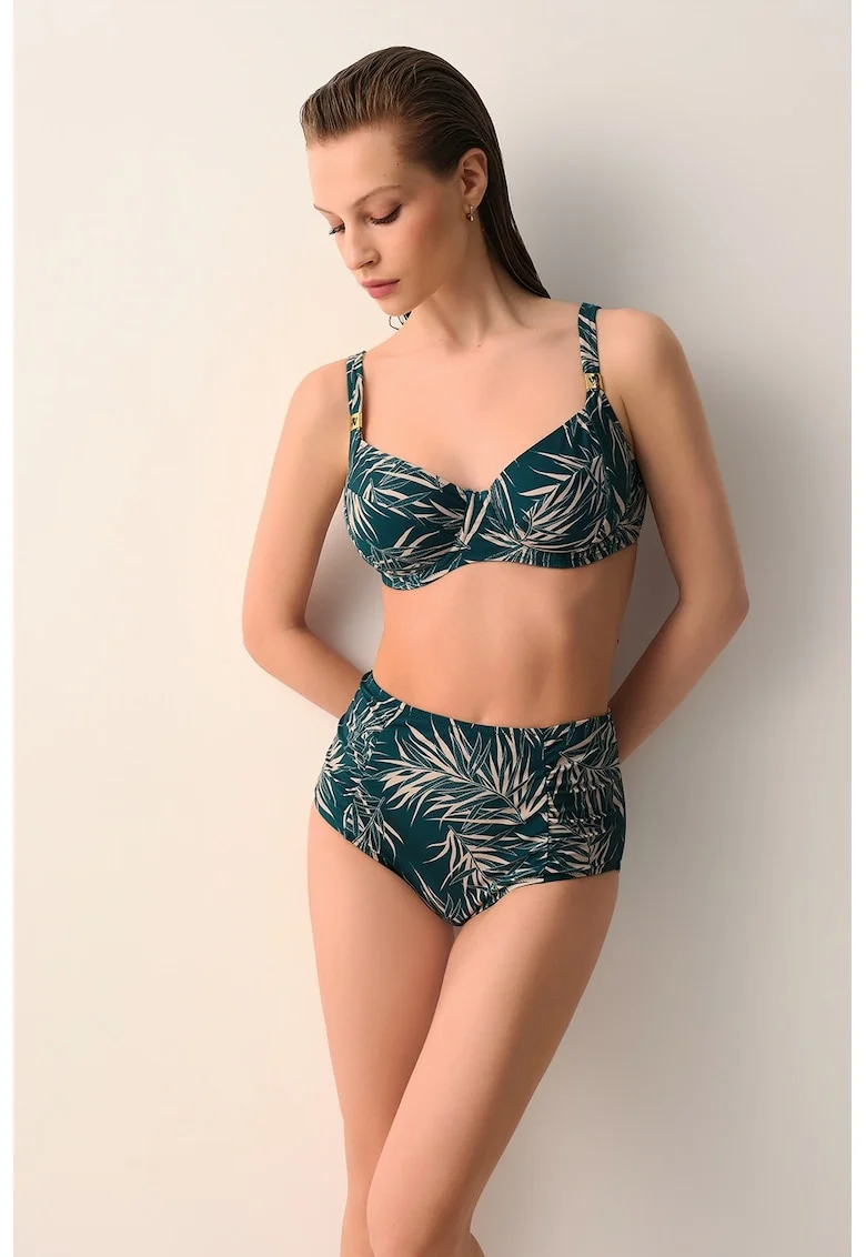 Sutien de baie cu cupe balconette si imprimeu tropical, Maro nisip/Verde englez