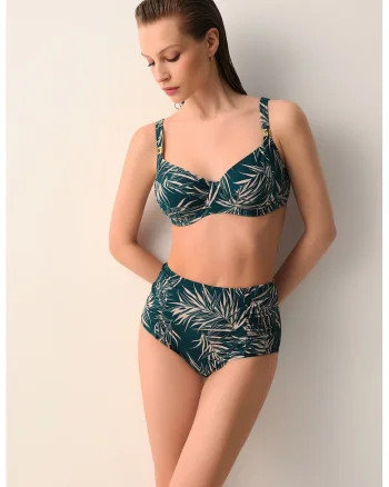 Sutien de baie cu cupe balconette si imprimeu tropical, Maro nisip/Verde englez