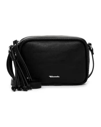 Geanta crossbody de piele ecologica cu aplicatie logo metalica, Negru