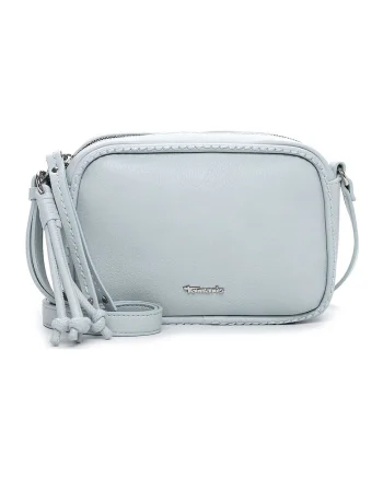 Geanta crossbody de piele ecologica cu aplicatie logo metalica, Albastru deschis