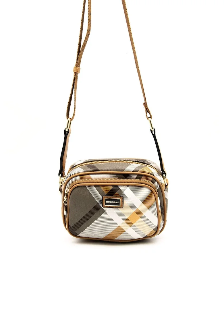 Geanta crossbody din piele ecologica, Maro deschis/Alb murdar/Grej