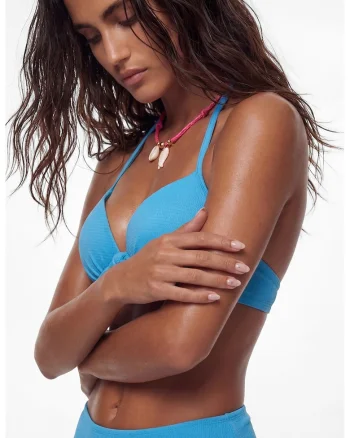 Sutien push-up de baie cu decolteu halter, Albastru deschis
