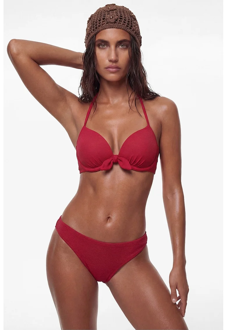 Sutien push-up de baie cu decolteu halter, Rosu inchis