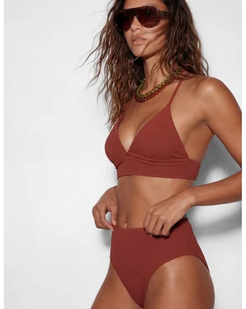 Sutien de baie cu cupe triunghiulare si model texturat, Maro cognac