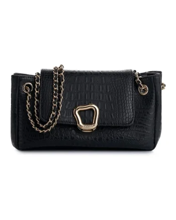 Geanta crossbody de piele ecologica cu model piele de reptila, Negru