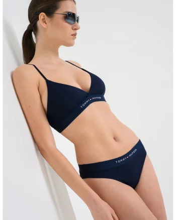 Sutien de baie cu cupe triunghiulare si banda logo elastica, Bleumarin