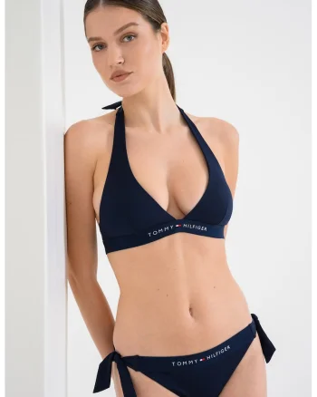 Sutien de baie cu bretele halter si banda logo elastica, Bleumarin