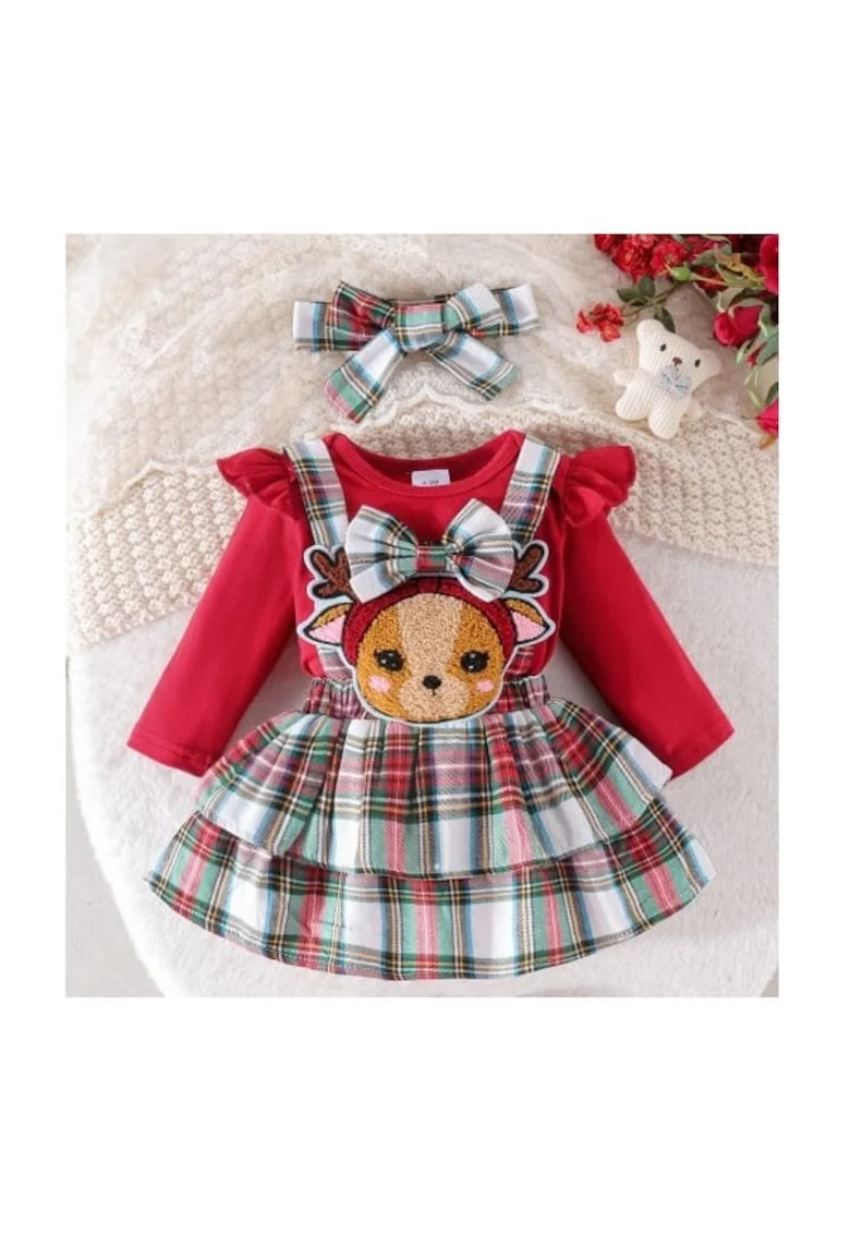 Sarafan  Cu Body, Model Baby Reindeer, Casual, Fete, Maneca lunga, Rosu