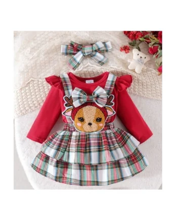 Sarafan  Cu Body, Model Baby Reindeer, Casual, Fete, Maneca lunga, Rosu