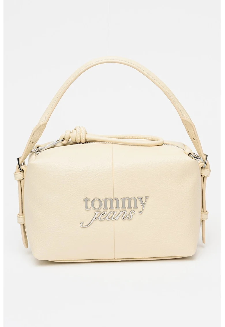 Geanta crossbody cu logo metalic, Crem