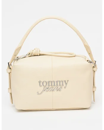 Geanta crossbody cu logo metalic, Crem