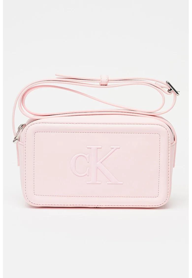 Geanta crossbody de piele ecologica cu logo in relief, Roz pal