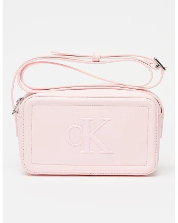 Geanta crossbody de piele ecologica cu logo in relief, Roz pal