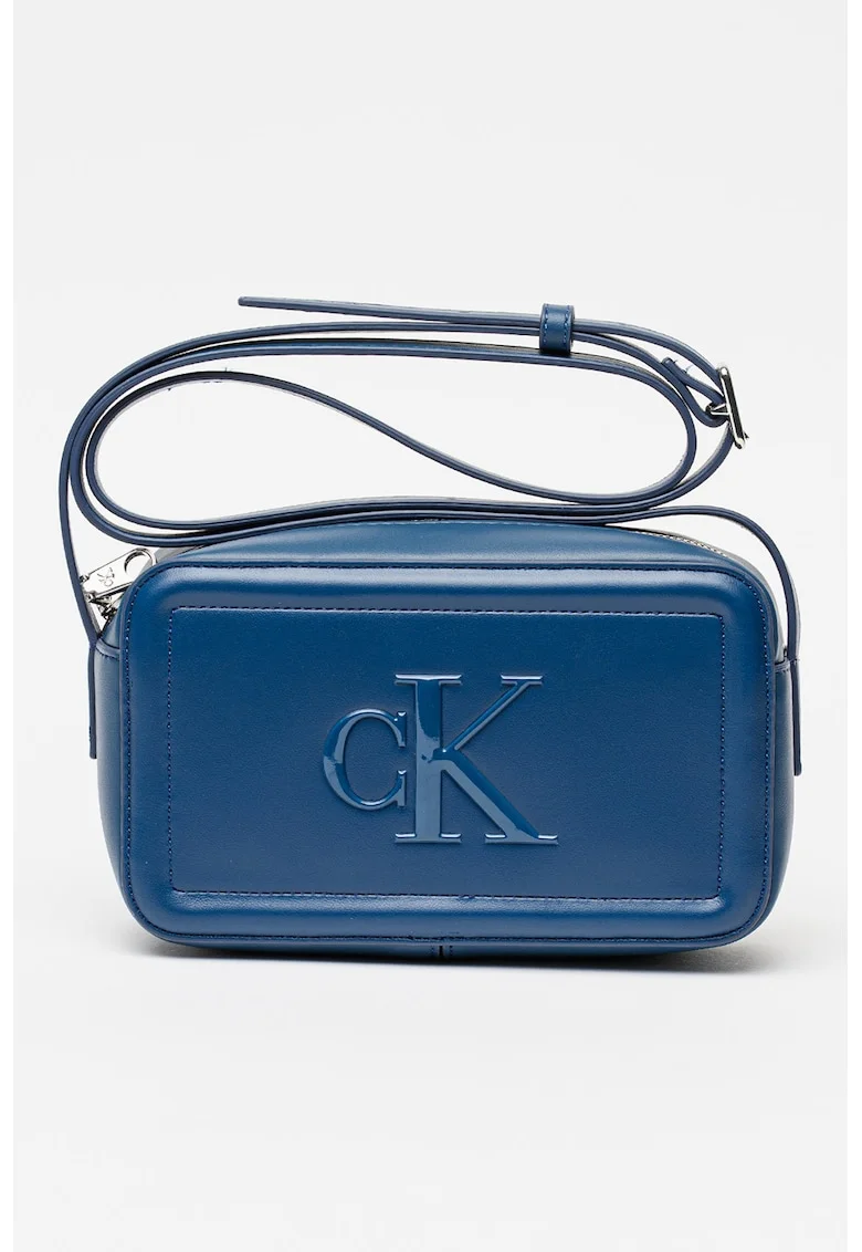 Geanta crossbody de piele ecologica cu logo in relief, Albastru inchis