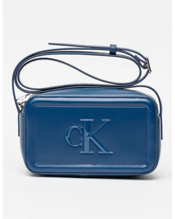 Geanta crossbody de piele ecologica cu logo in relief, Albastru inchis