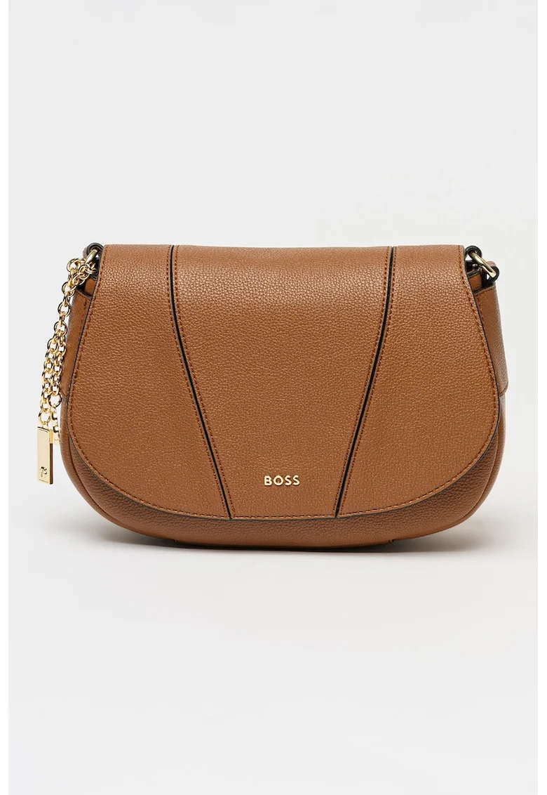 Geanta crossbody din piele ecologica cu clapa si detaliu cu lant Salley, Maro